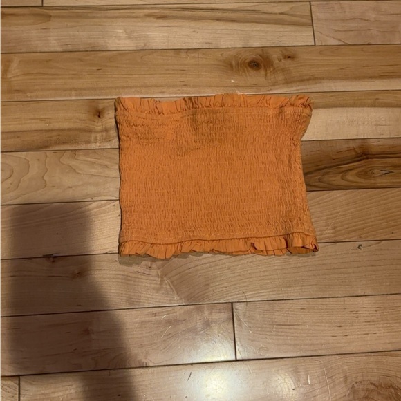 LULU’S SUNNY MOMENTS ORANGE RUFFLED SMOCKED STRAPLESS CROP TOP - Picture 3 of 6